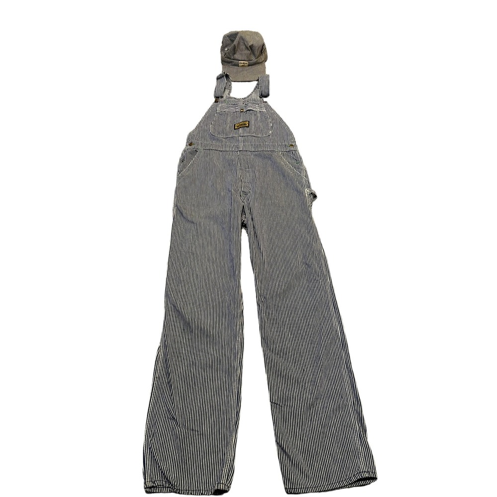 Vtg Washington Dee-Cee Sanforized Stripe Button Fly Overalls 36x33 w/Oshkosh Hat